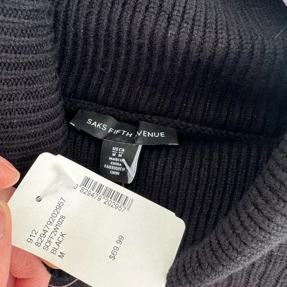 Saks Fifth Avenue Black Cowl Neck Sweater with Faux Fur Cuffs - Picture 3 of 3